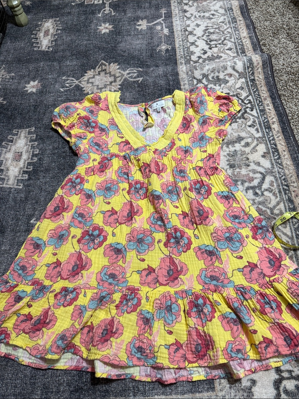 True Craft Yellow Midi Dress with Pink & Blue Floral Print